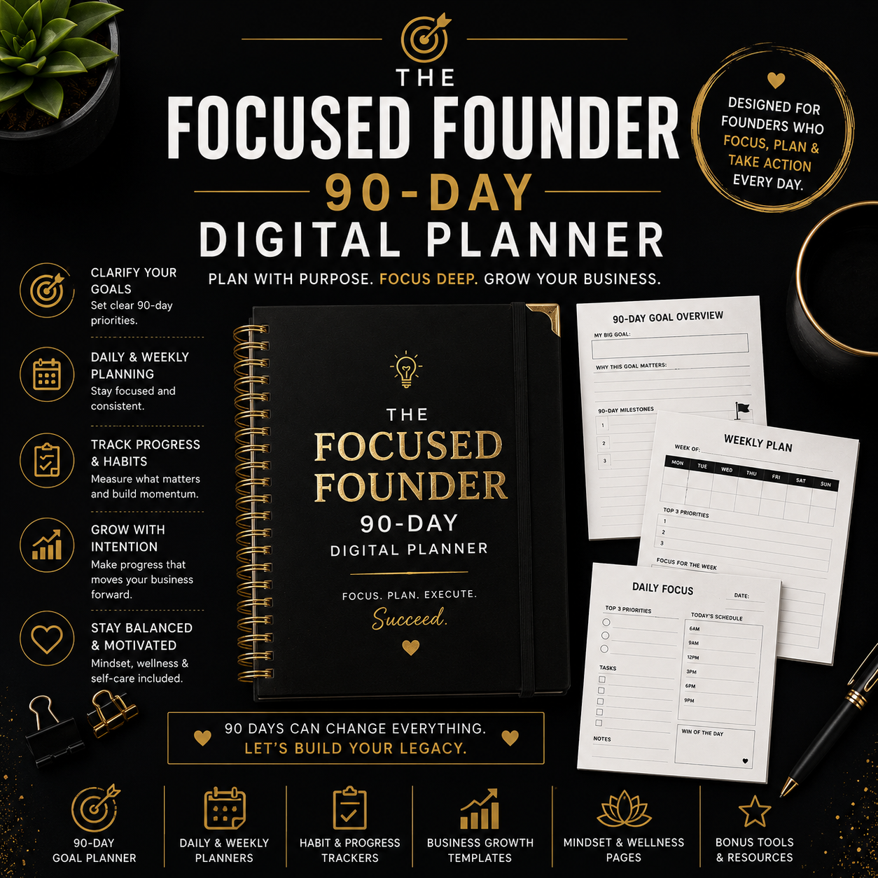 The Focused Founder — 90-Day Digital Planner